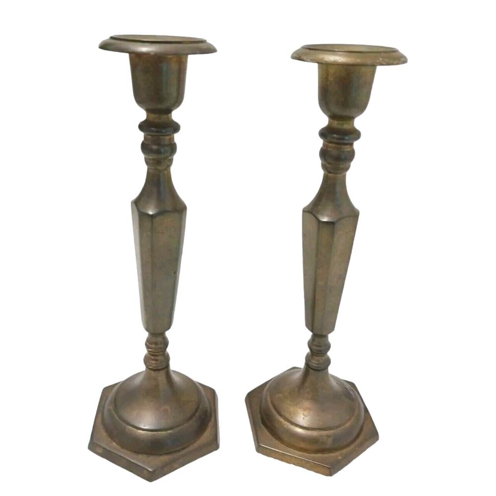 2 Copper‎ Colonial Candle Stick Holders Tapered Farm Cottagecore Antique Patina